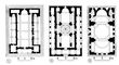 Планы армянских раннесредневековых храмов: 1 - Ерерукская базилика, 5 в.; 2 - крестовокупольная базилика в Узунларе, 6-7 вв.; 3 - храм в Птгни, 6 в.