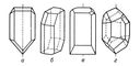 Рис. 3. Примеры кристаллов, принадлежащих к разным точечным группам или кристаллографическим классам: а — к классу m (одна плоскость симметрии); б — к классу с (один центр симметрии); в — к классу 2 (одна ось симметрии 2-го порядка); г — к классу 6 (одна зеркальная ось 6-го порядка).