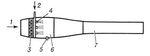 Рис. 1. Схема пульсирующего воздушно-реактивного двигателя (ПуВРД): 1 — воздух; 2 — горючее; 3 — клапанная решётка; 4 — форсунки; 5 — свеча; 6 — камера сгорания; 7 — выходное (реактивное) сопло.