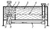 Рис. 4. Ящичный экстрактор: 1 — камера смешения; 2 — жалюзийная перегородка; 3 — отстойная камера; 4 — граница раздела фаз; 5, 6 — регулирующие трубки; 7 — рециркуляционная трубка; 8 — всасывающий коллектор; 9 — турбинная мешалка.