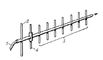 Рис. 11. Антенна типа «волновой канал»:1 — кабель питания; 2 — рефлектор; 3 — директоры; 4 — активный вибратор. Направление максимального излучения показано стрелкой.