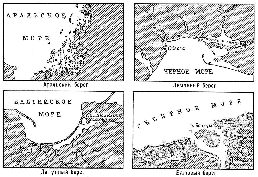 Аральский, лиманный, лагунный, ваттовый берега