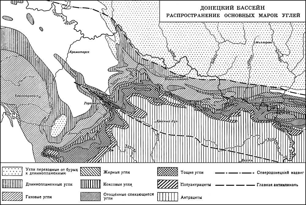 Донецкий бассейн. Распространение основных марок углей